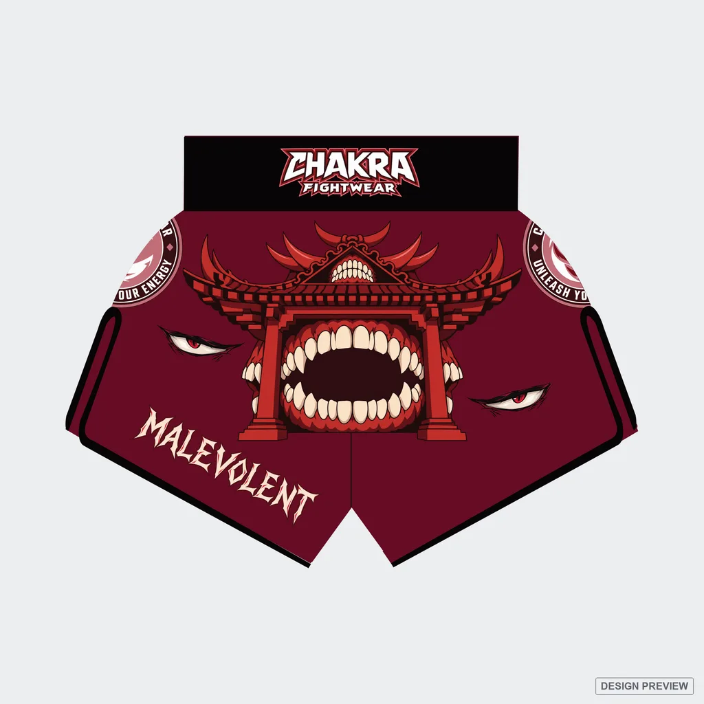 Design preview, front: maroon CHAKRA shorts with a red fanged shrine graphic, two red eyes and MALEVOLENT lettering